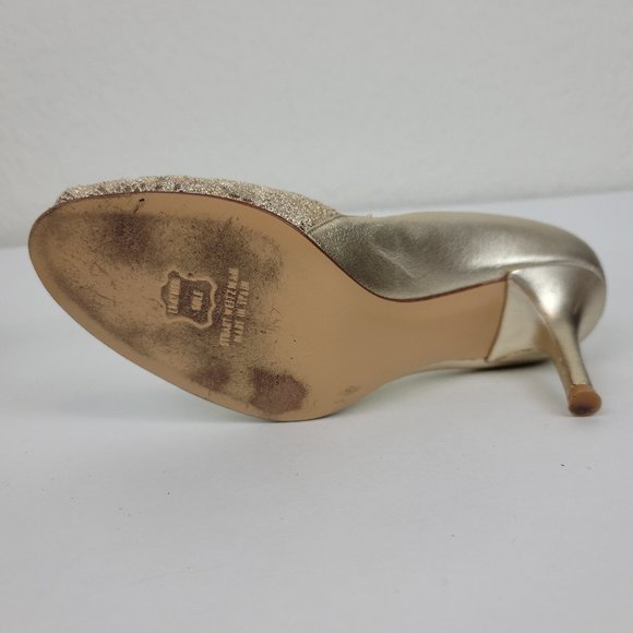 Stuart Weitzman Vintage Gold Lace Peep Toe Leather Sole Heel Made in Spain - Picture 9 of 11